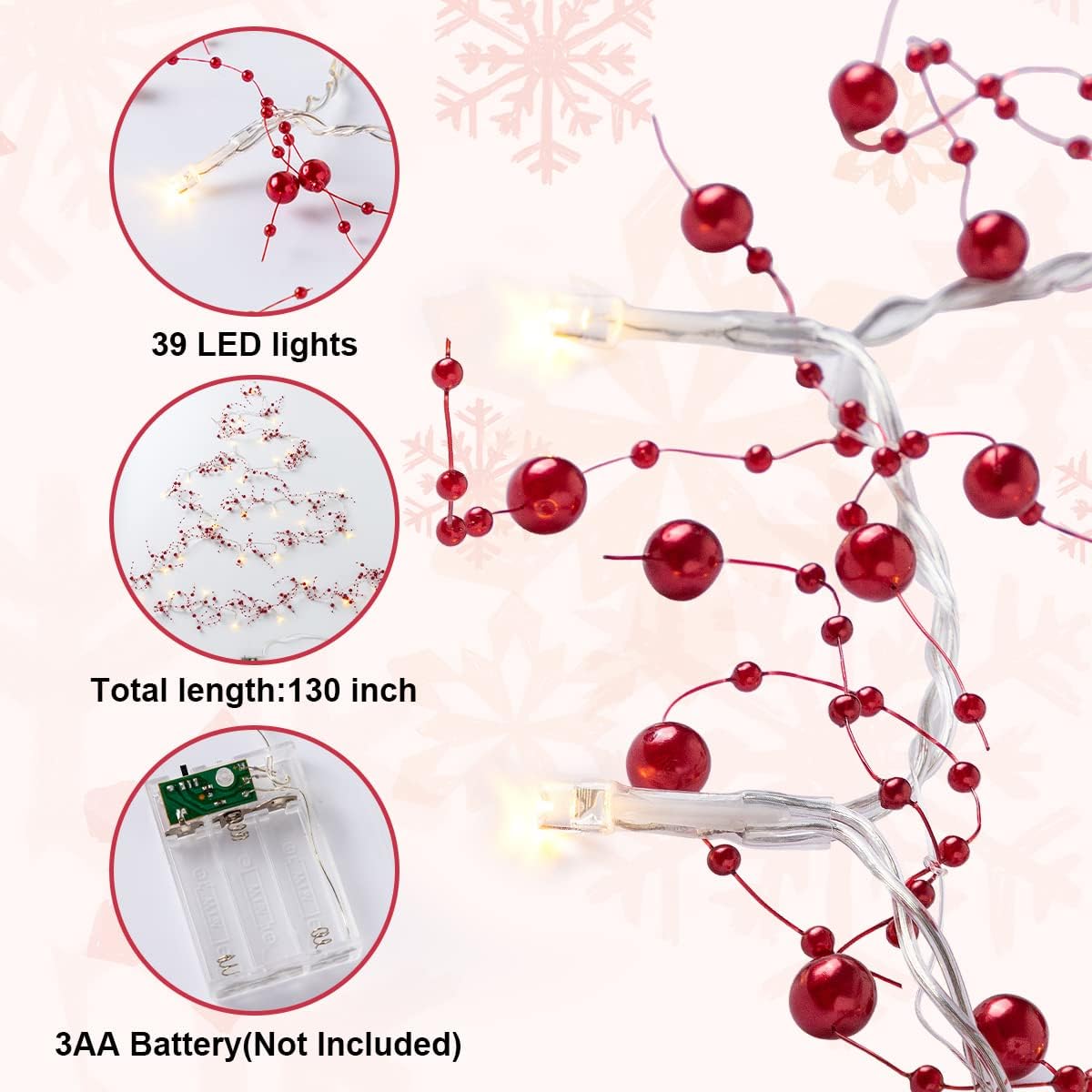 10.8ft Christmas Berry Garland String Light Beaded, 39 LED Decorative Prelit Garland, Indoor and Outdoor Decorations for Home, Parties and Indoor Garland for Mantle Fireplace Christmas Holiday
