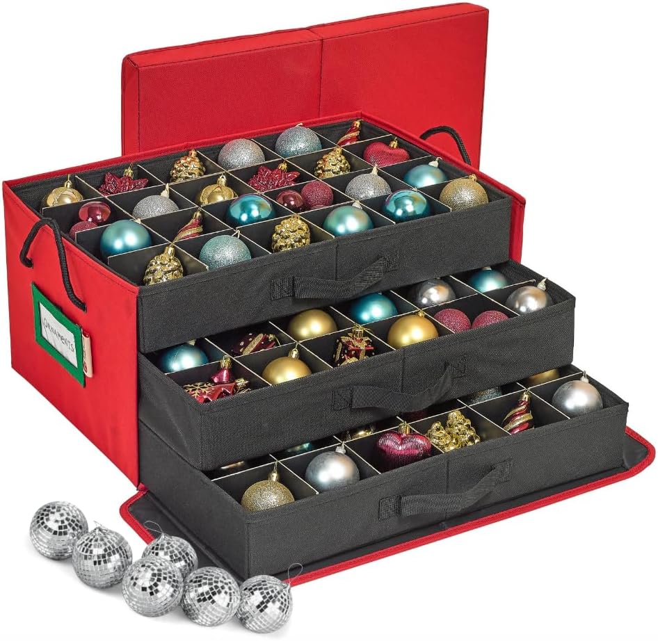 Christmas Ornament Storage Container Box with Dividers - Stores up to 72-3&#x22; Ornaments - Large Christmas Ball Storage Container Bins with 3 Removable Trays with Separators.