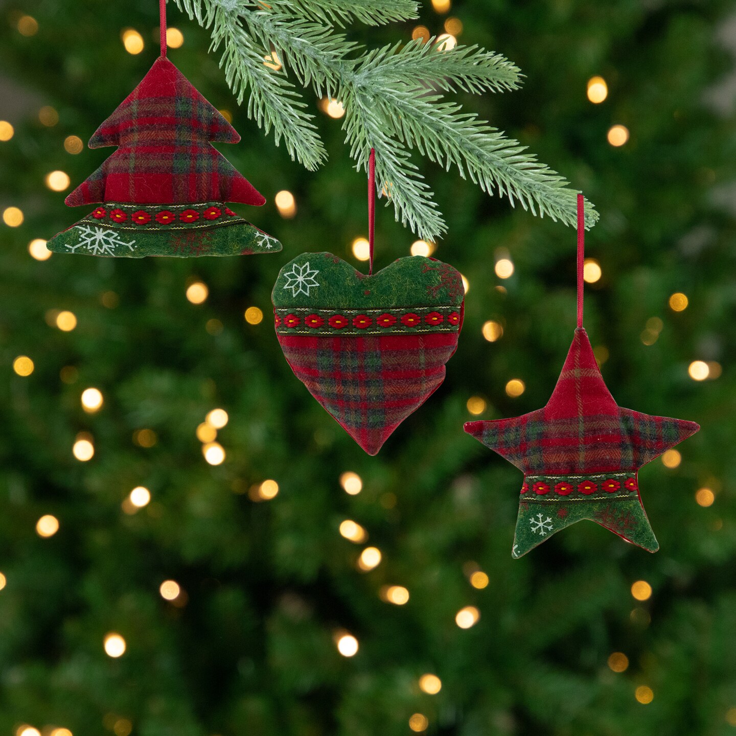 Northlight Plaid Heart, Tree and Star Christmas Ornaments - 5&#x22; - Red and Green - Set of 3