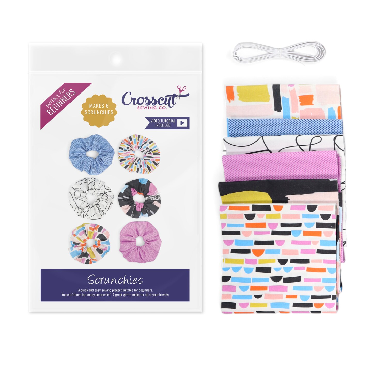 Crosscut Sewing Co.® Scrunchie Sewing Project Kit for Beginners with Fabric, Instructions and Video