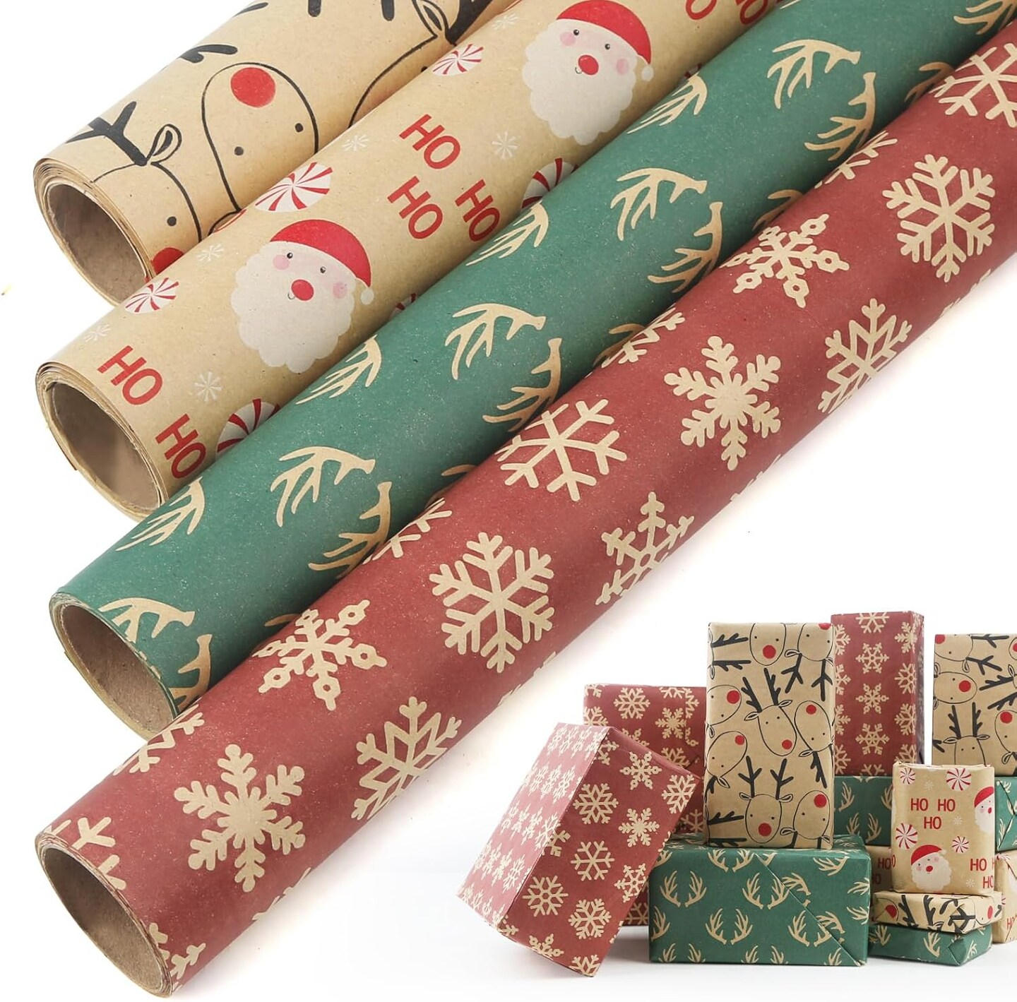 Christmas Wrapping Paper Rolls, Kraft Wrapping Paper Set - Trees, Reindeer, Snowmen and Snowflakes Pattern - 4 Rolls - 17 Inch &#xD7; 120 Inch Per Roll