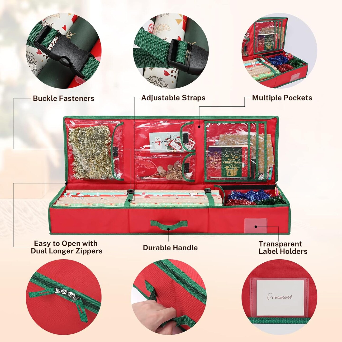 Christmas Wrapping Paper Storage Bag, 42 inch Gift Wrap Organizer Underbed Storage Box Container 600d Oxford Fabric Wrapping Paper Holder for Storing Rolls, Ribbons, Bows 42L x 14W x 5.5H