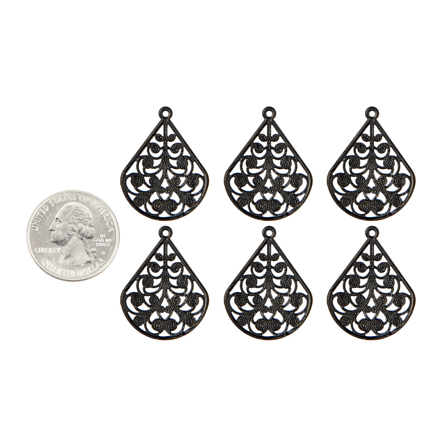 Black Plated Brass Filigree Teardrop Charms - Set of Six - BB-C137