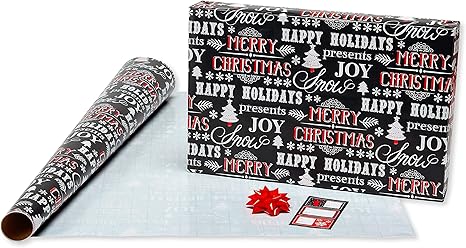 Wrapping Paper Set with Cut Lines (4 rolls 30 in. x 12 ft., 7 Bows, 30 Gift Tags), Christmas Text, Plaid, Reindeer and Snowflakes