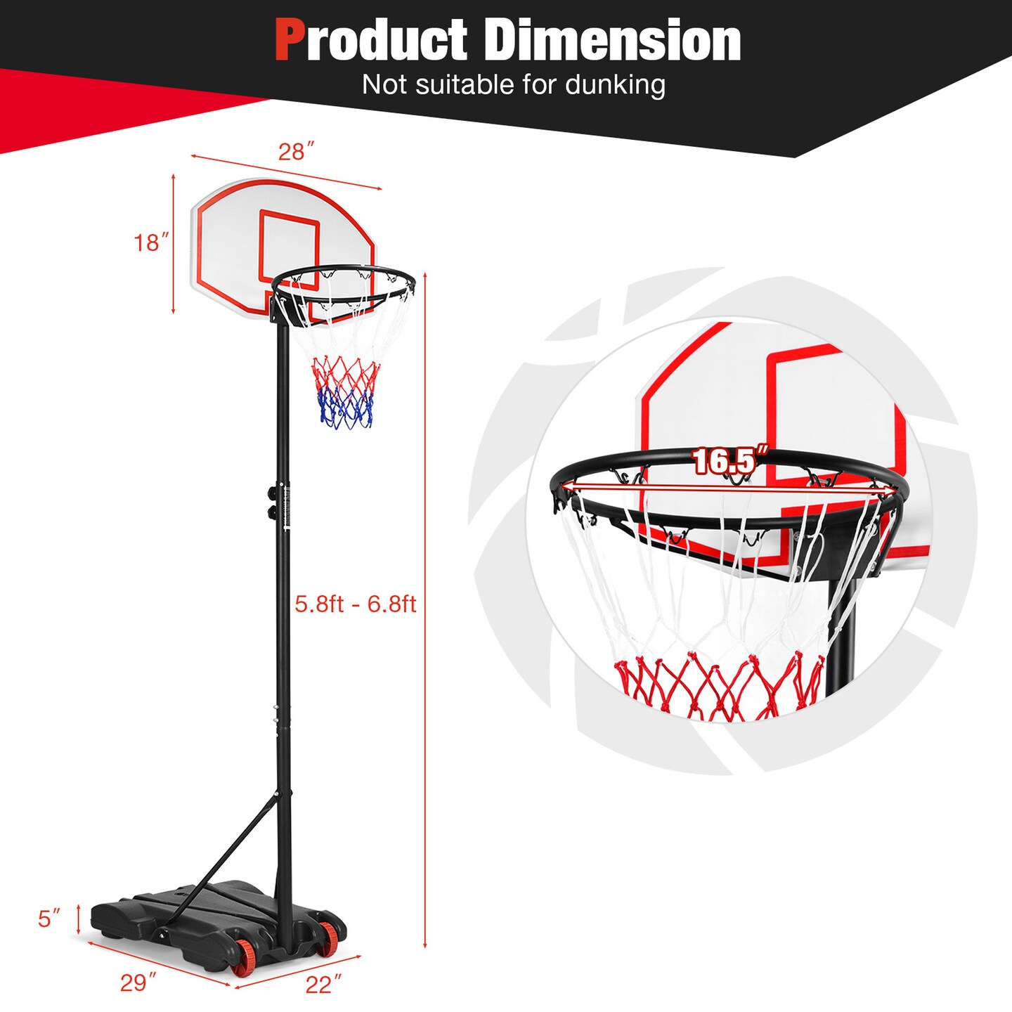 Costway Adjustable Basketball Hoop System Stand Kid Indoor Outdoor Net Goal W/ Wheels