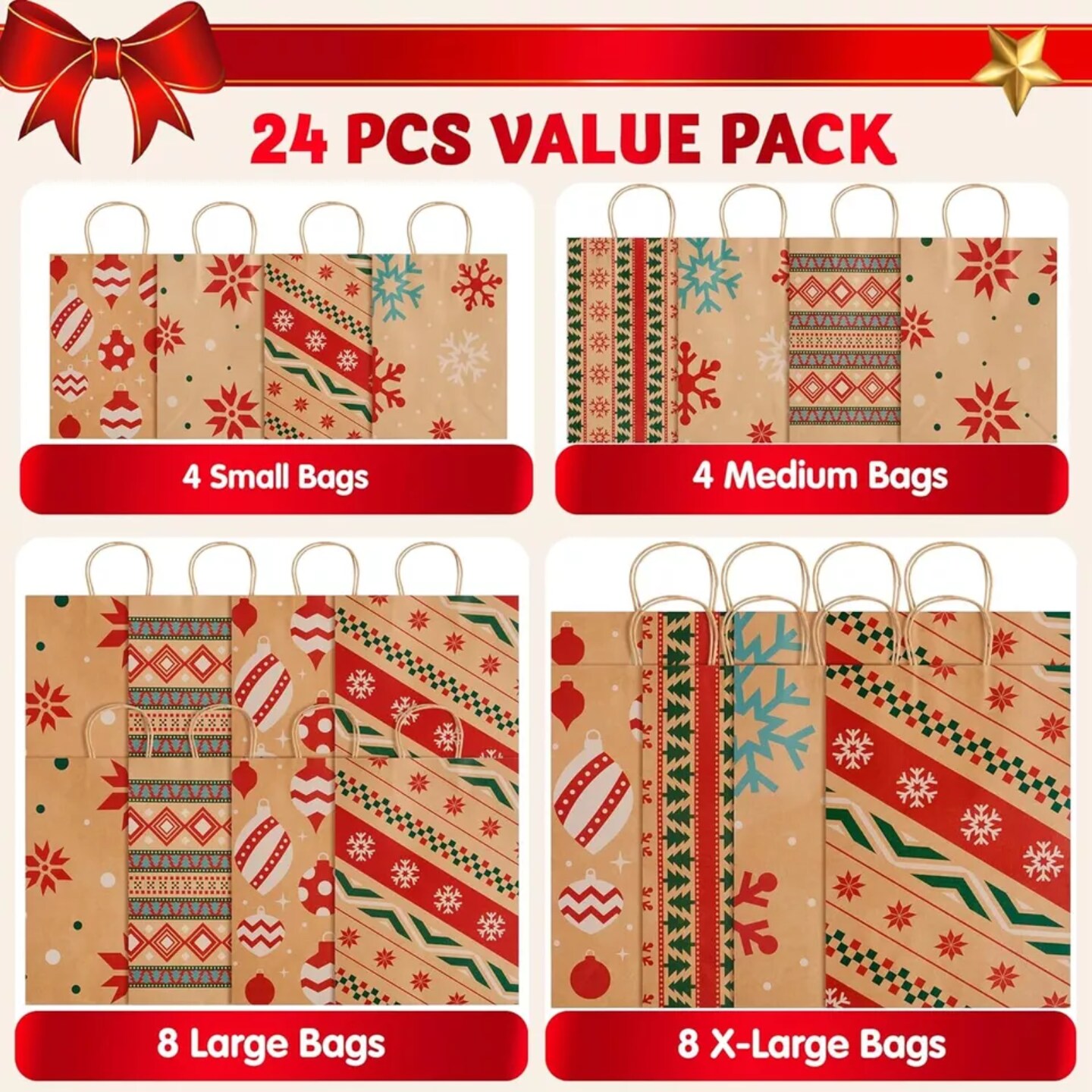 Kitcheniva 24 Pcs Christmas Kraft Gift Bags