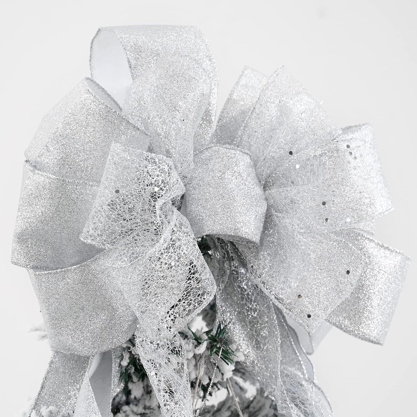 Silver Christmas Tree Topper Silver Glitter Christmas Bows 12&#x22; Wide Snowflake Ribbon Bow Silver Christmas Bows Silver Tree Topper Silver Bows for Christmas Tree (1 Pack)