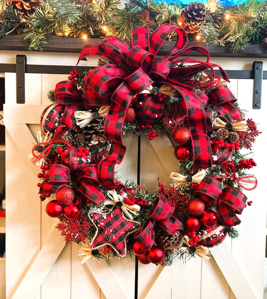 Buffalo Check Christmas Wreath, Plaid, Red Black Woodland