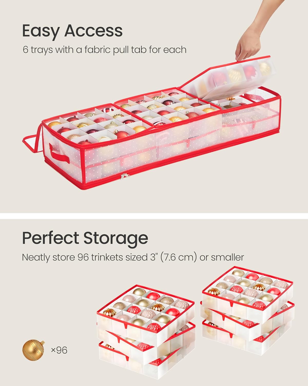Christmas Ornament Storage Box, 96 Slots of 3 Inches, 38&#x22; L x 13.2&#x22; W x 6.9&#x22; H, Bauble Storage Box with Dividers, Zippers, Side Handles, Under the Bed, Cherry Red URFB031T02