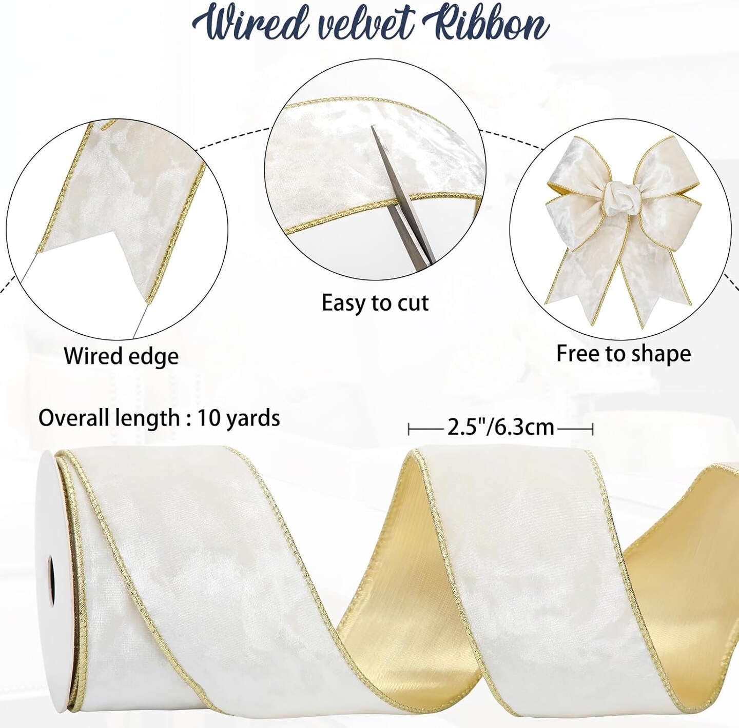 White and Gold Velvet Christmas Ribbon 2.5 Inch Christmas Tree Ribbon with Metallic Wired Edge Velvet Ribbon for Gift Wrapping Wreaths Garland Big Bow Crafts Supplies(2 Rolls, 20 Yards)
