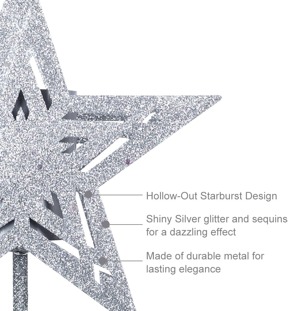 hogardeck Christmas Tree Topper, 3D Silver 5-Pointed Star Tree Topper Lighted with Hollow Glitter Projector for Christmas Treetop, LED Snowflake Tree Topper for Christmas Tree Decorations