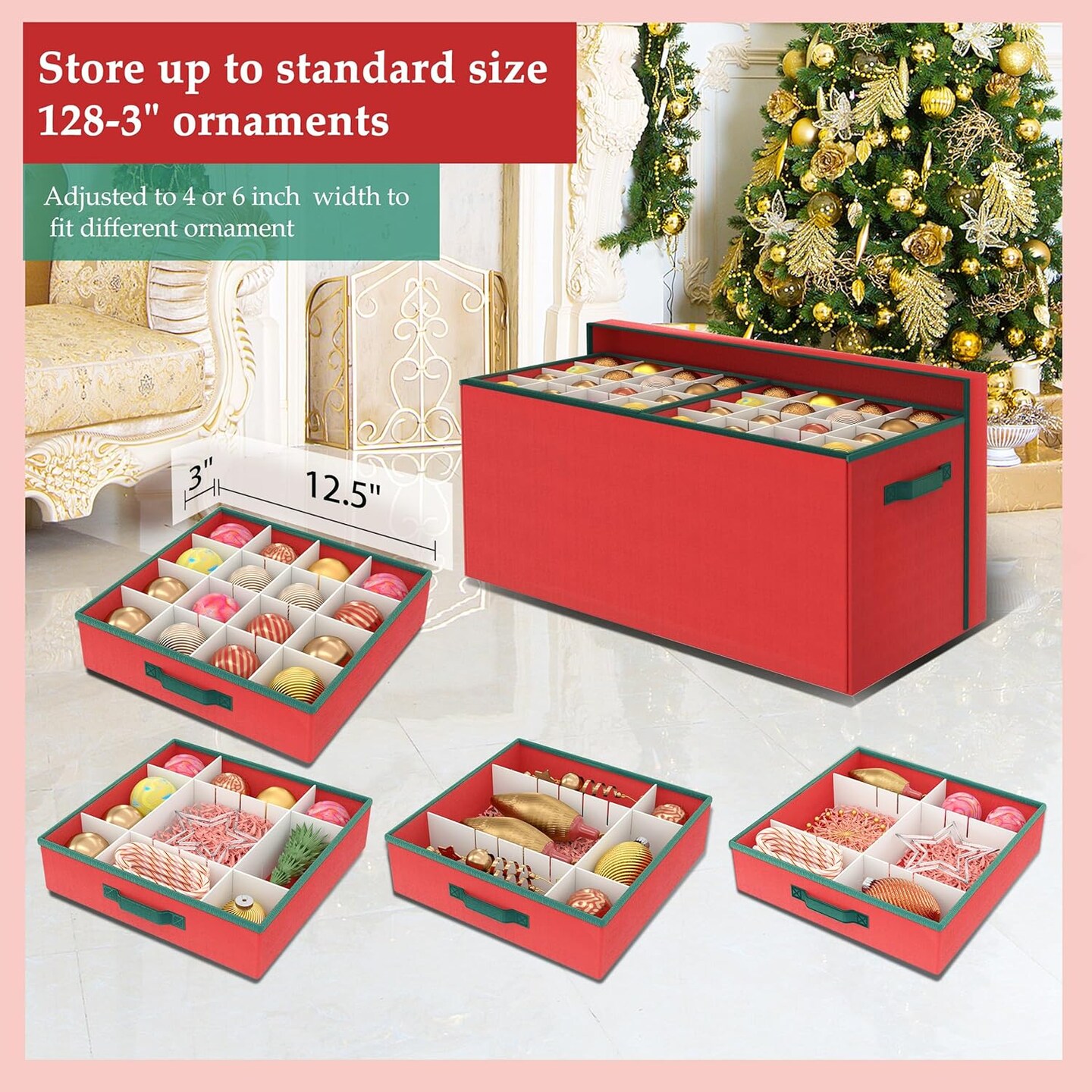 Christmas Ornament Storage Box, Ornament Organizer Storage box with Lids and Adjustable Dividers , Store Up to 128-3&#x22; Ornaments, Extra Large Holiday Decor Storage Container with 8 Stackable Trays, Red
