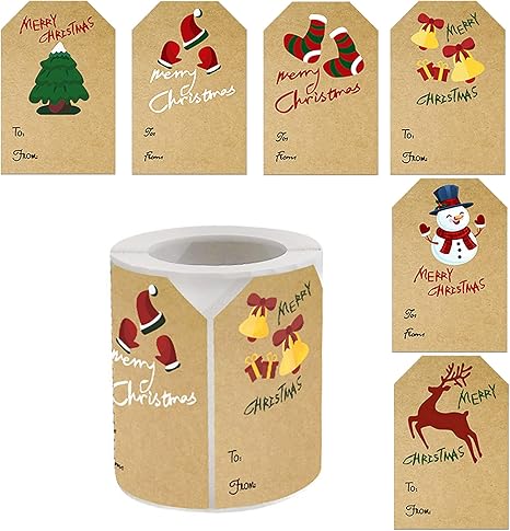 250PCS Kraft Christmas Stickers Labels Self Adhesive Christmas Gift Tags Sticker for Presents Boxes Bags Envelopes Decoration, 2 x 3 Inch