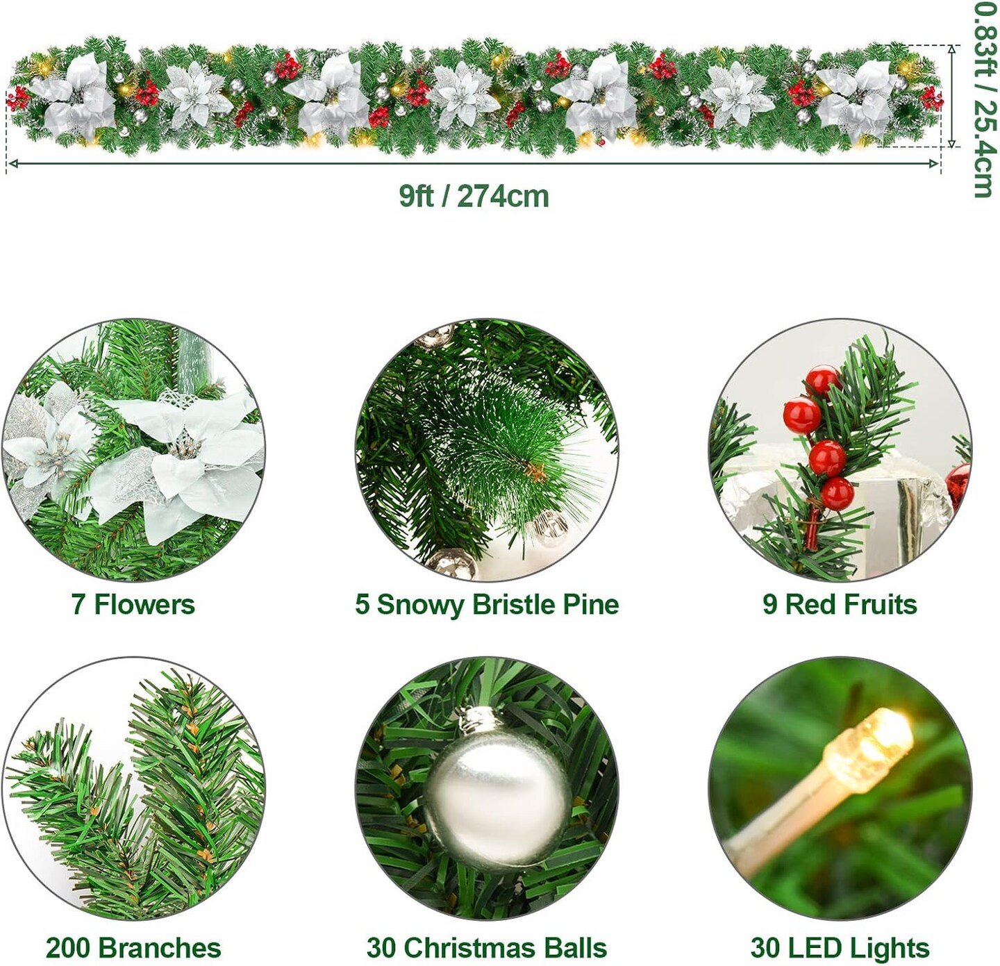 Christmas Garland,Christmas Garland with Lights,Outdoor Christmas Garland,9ft pre-lit Christmas Garland for Interior Decoration,Fireplaces,Stairs,Door Christmas Garlands Decorations Battery Operated