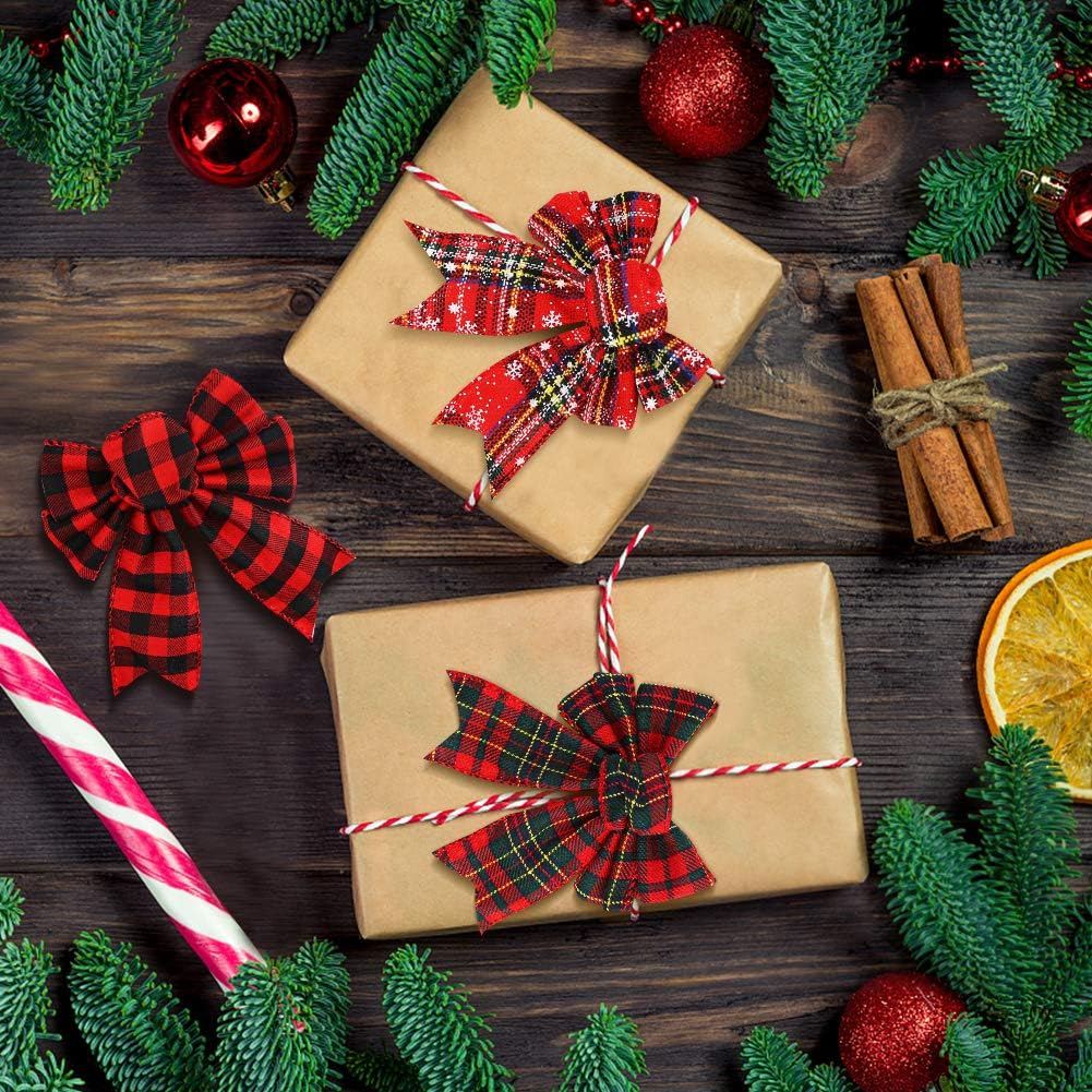 Red Buffalo Plaid Bows 12PCS Christmas Tree Bows Christmas Wreath Bow for Christmas Outdoor Decorations
