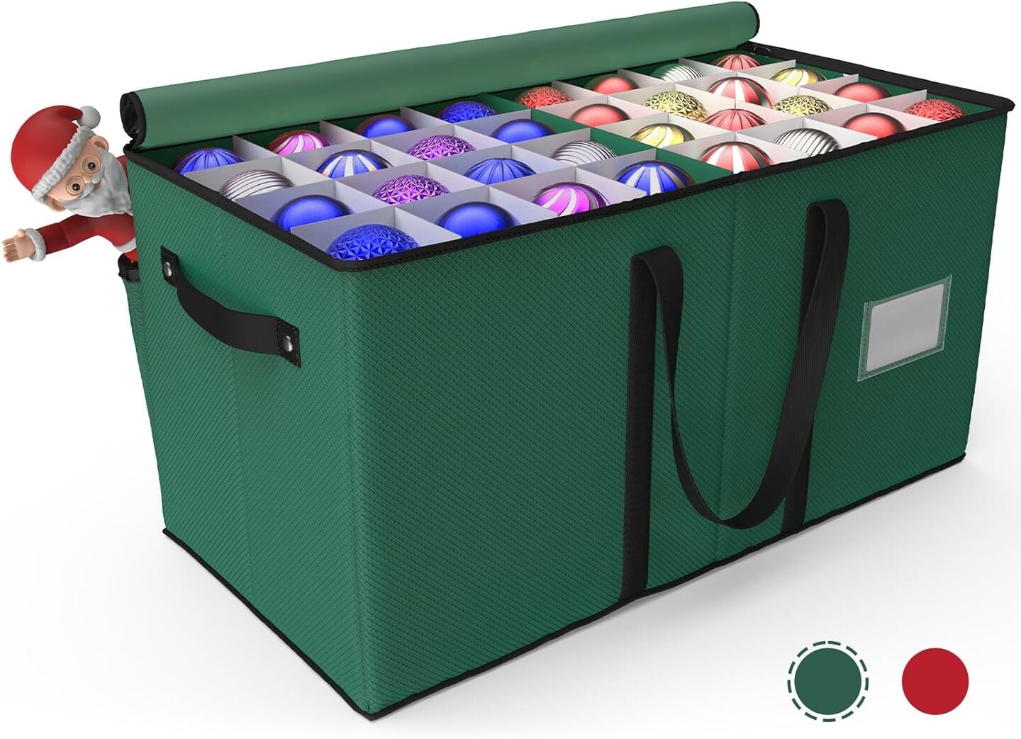 Christmas Ornament Storage Box - Stores Up to 128 Holiday Ornaments, Christmas Storage Container with Side Pocket, Adjustable Dividers, Card Slot, Tear-Proof Fabric - Green