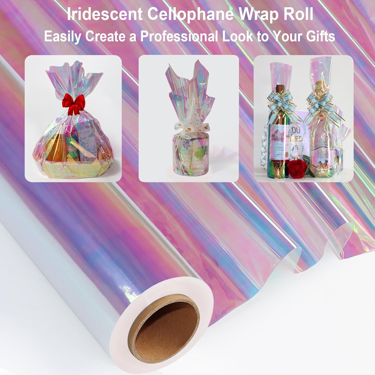 34 in x 66 Ft Iridescent Cellophane Wrap Roll - Extra Wide Cellophane Paper Roll - Iridescent Transparent Cellophane Roll Plastic Wrap for Gift Baskets, Treats, Crafts, Party & Christmas Gift Wrapping
