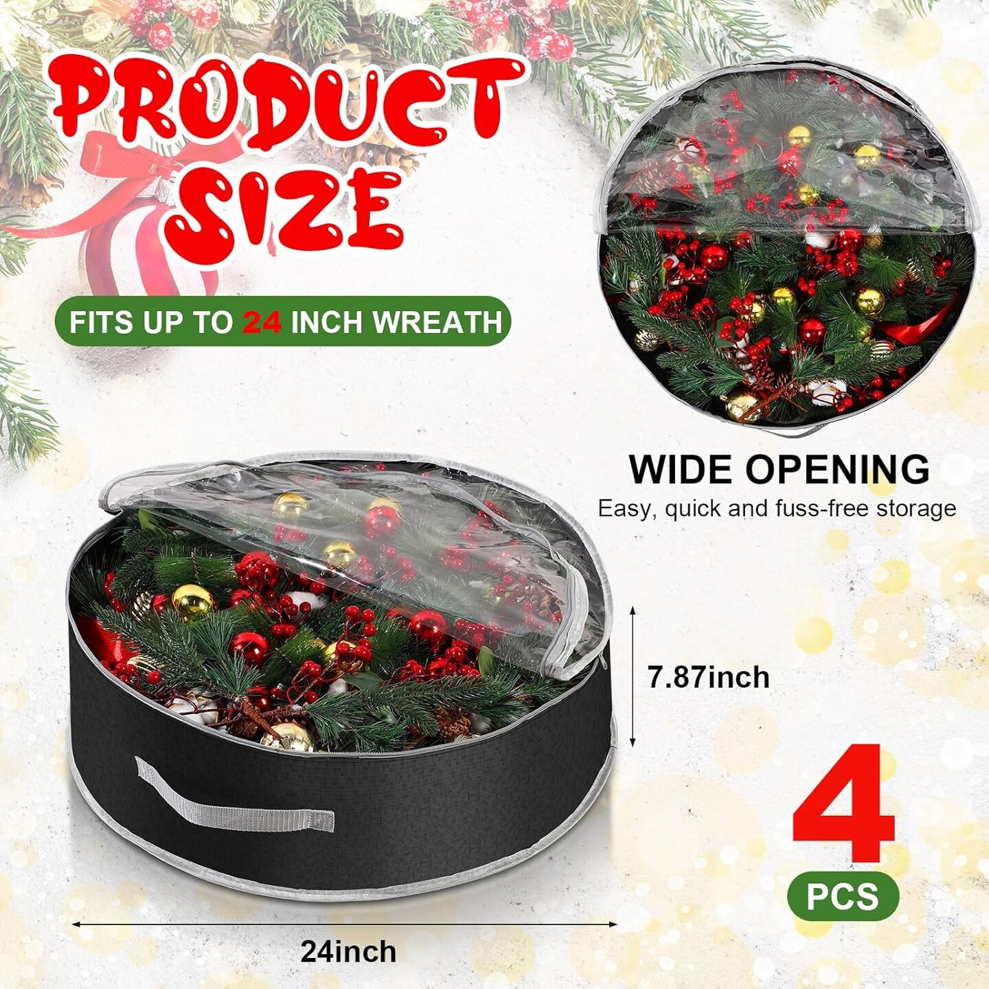 Aliceset 4 Pcs Christmas Wreath Storage Bags Garland Wreath Storage Containers with Clear Window and Handles Christmas Wreath Ornament Boxes for Holiday Seasonal Storage(24 x 24 x 7.8 Inch,Black)