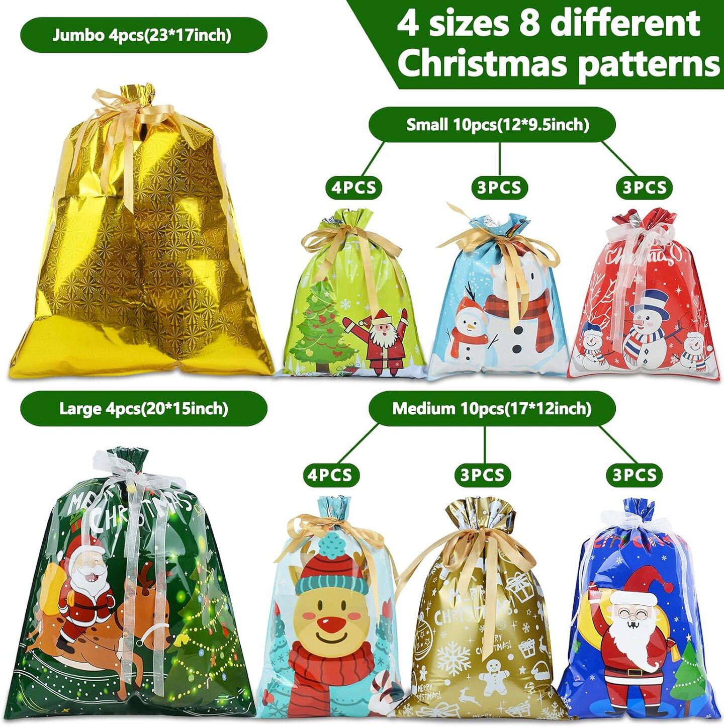 Christmas Drawstring Gift Bags, 28PCS Assorted Sizes Santa Wrapping Bag with Ribbon Tie in 4 Sizes and 8 Designs for Xmas Holiday Presents Party Favor Goody Bags Jumbo/Extra Large/Medium/Small