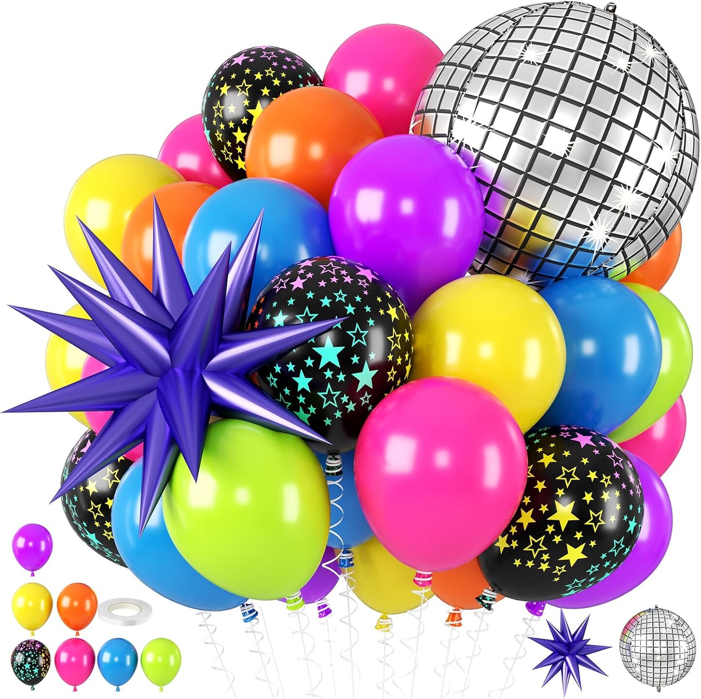 Neon Disco Balloons Set, 42-Piece Fluorescent Party Balloons with