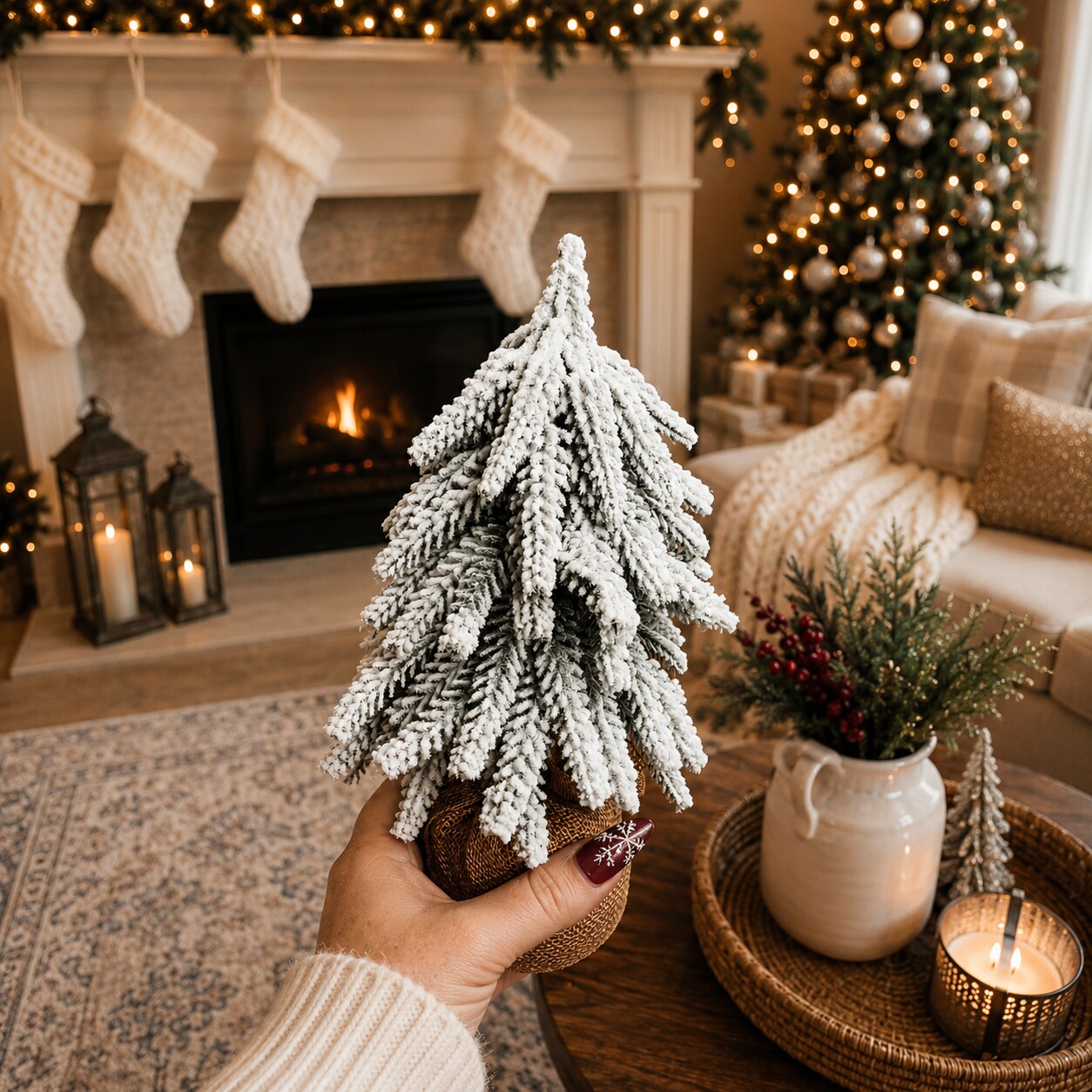 Christmas Tree with Snow, Faux Handmade Pine Trees Snow Covered with Jute, Wood Base, Mini Christmas Tree, Artificial Mantle Xmas Tree Fake