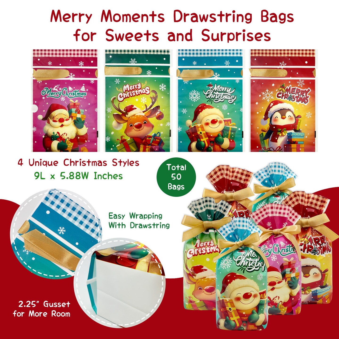 Wrapables Christmas Drawstring Treat Bags for Candy, Cookies, Treats, Gifts and Party Favors (50pcs), Festivity