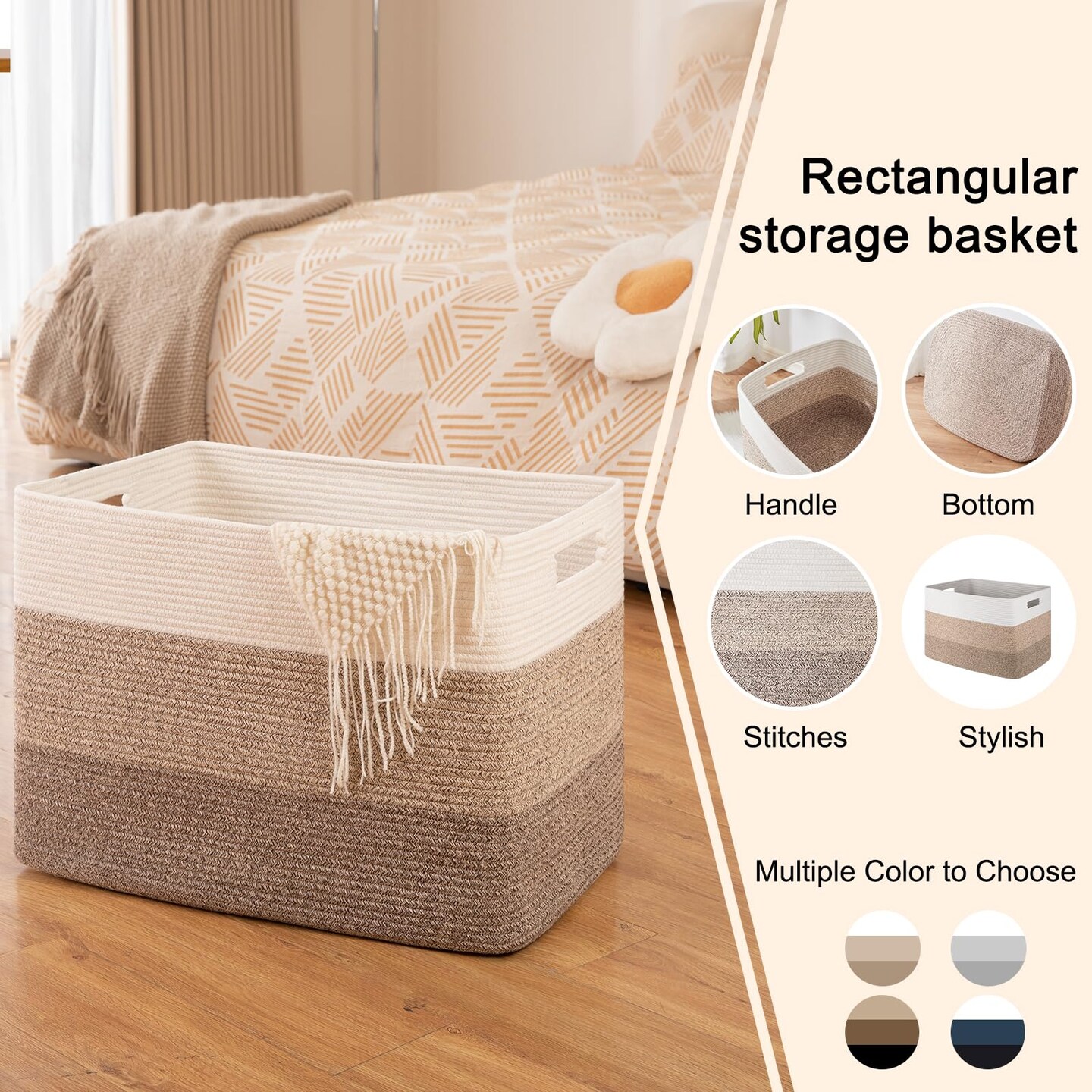 108L Super Large Blanket Basket, 25”x16”x16”(108L) Rectangle Woven Baskets for Storage, Cotton Rope Basket For Living Room, Toy Storage with Handle- Gradient Brown