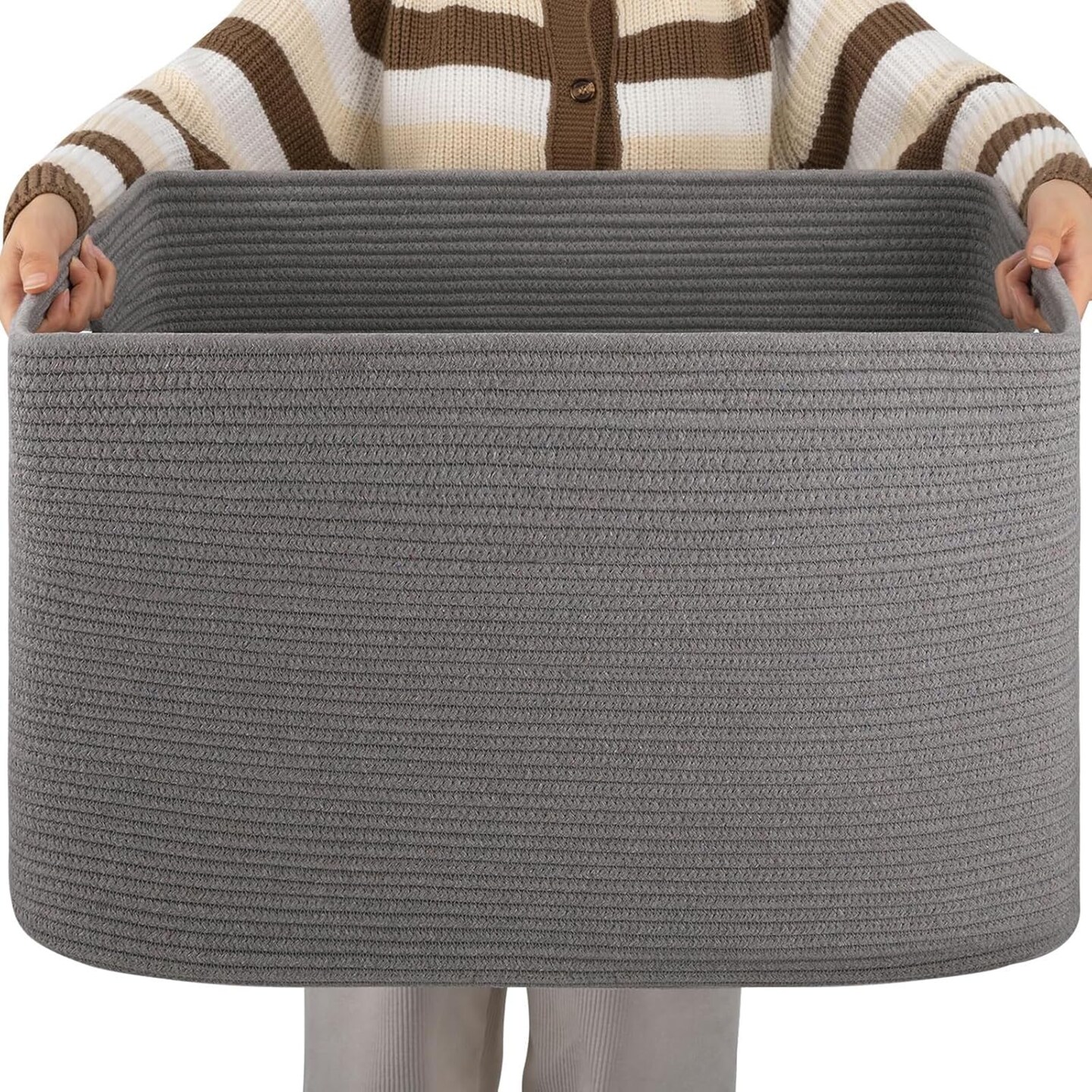 XXLarge Rectangle Blanket Basket-96L, Cotton Woven Basket for Storage, Dirty Clothes Basket for Living Room, Nursery, Bedroom, Toy Organizing with Handle, 24" x 16" x 15", Dark Grey