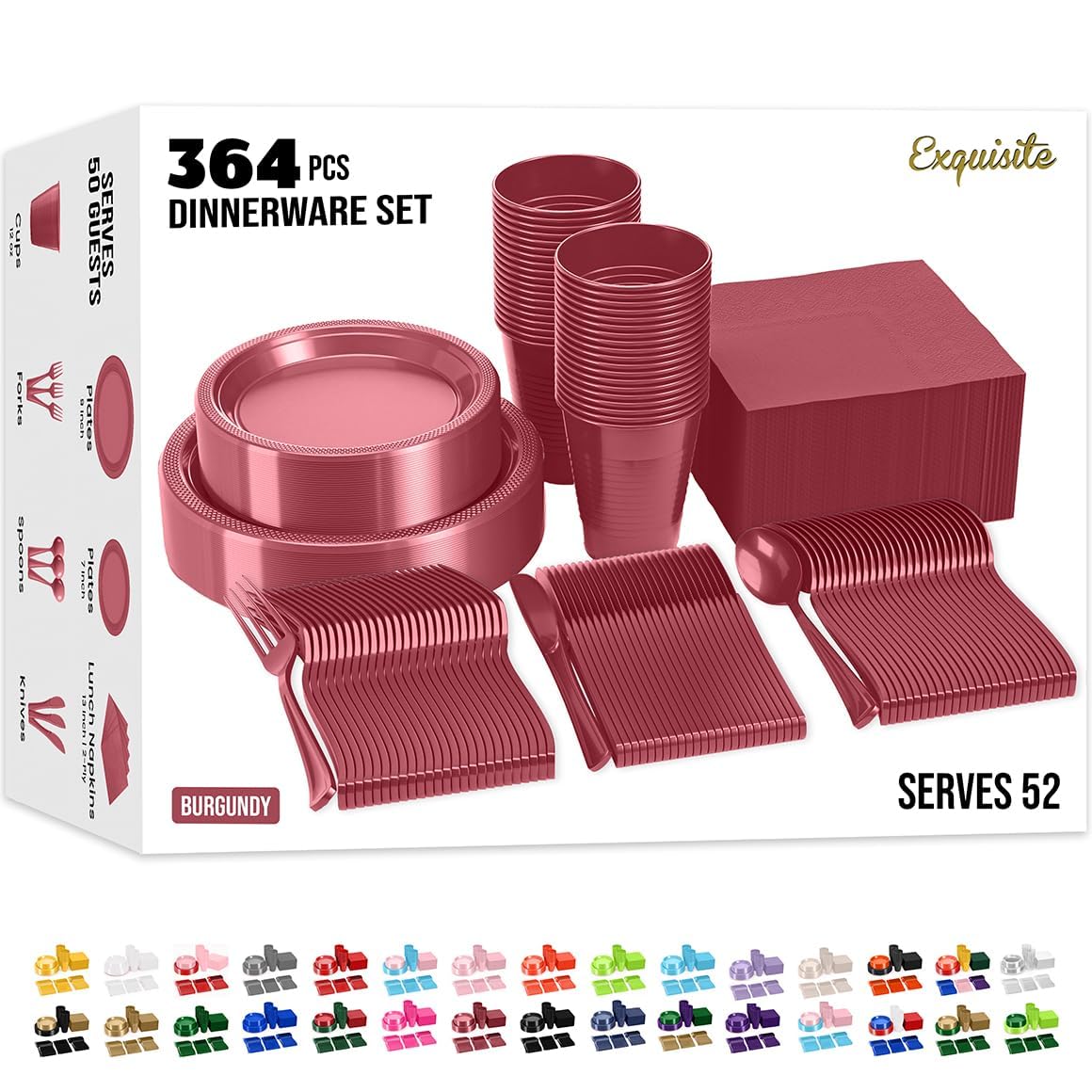 Exquisite 350 Pcs Plastic Plates for Party – Disposable Plates Set – 50 Each of 9" Dinner Plates, 7" Dessert Plates, Plastic Cups, Napkins & Plastic Cutlery – Plastic Dinnerware by Party Solids