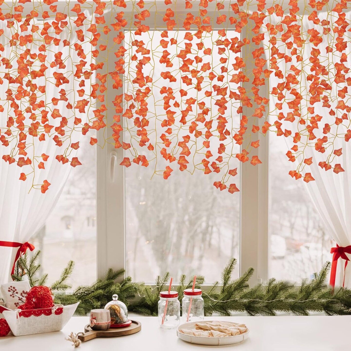 24 Pack Fake Fall Hanging Vines Artificial Fall Ivy Garland(Orange)