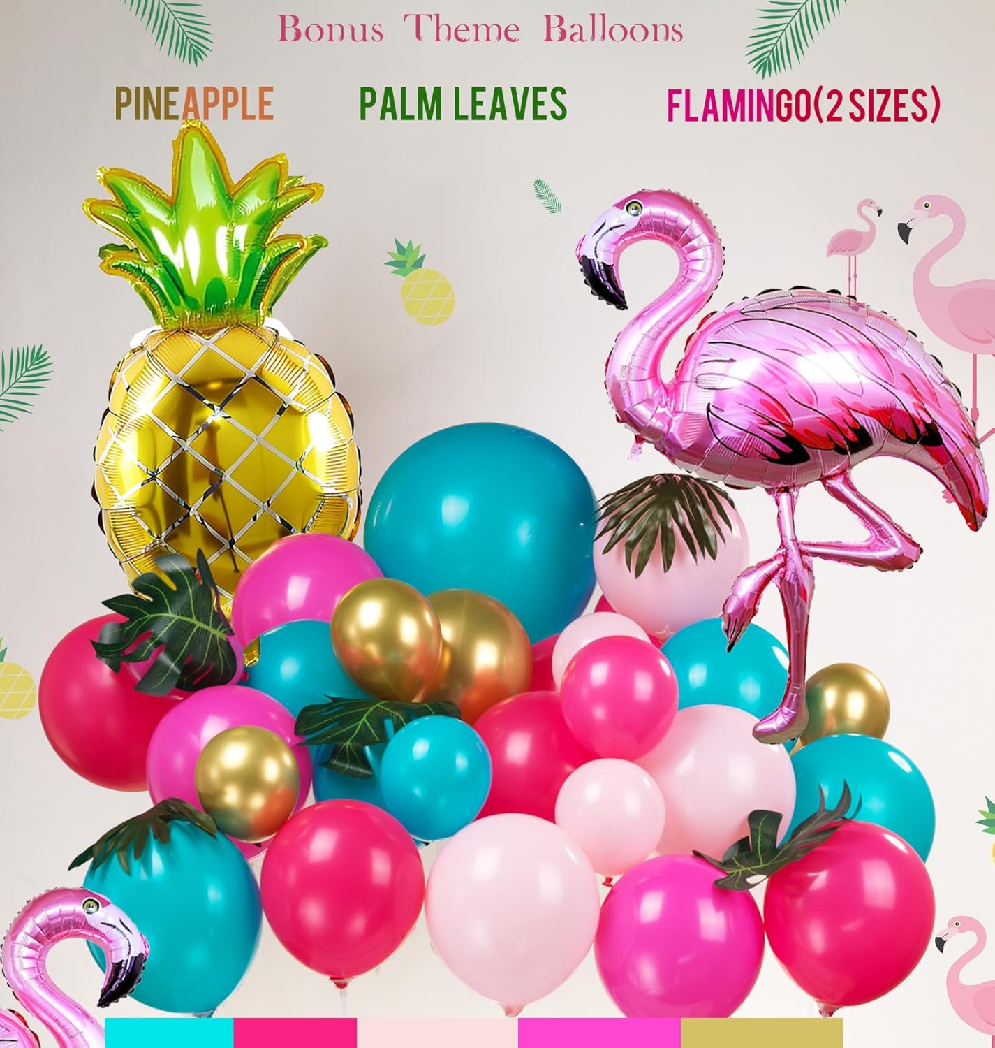 flamingo balloon garland arch kit 145Pcs Hot Pink magenta teal gold balloons mylar pineapple balloons Palm leaves