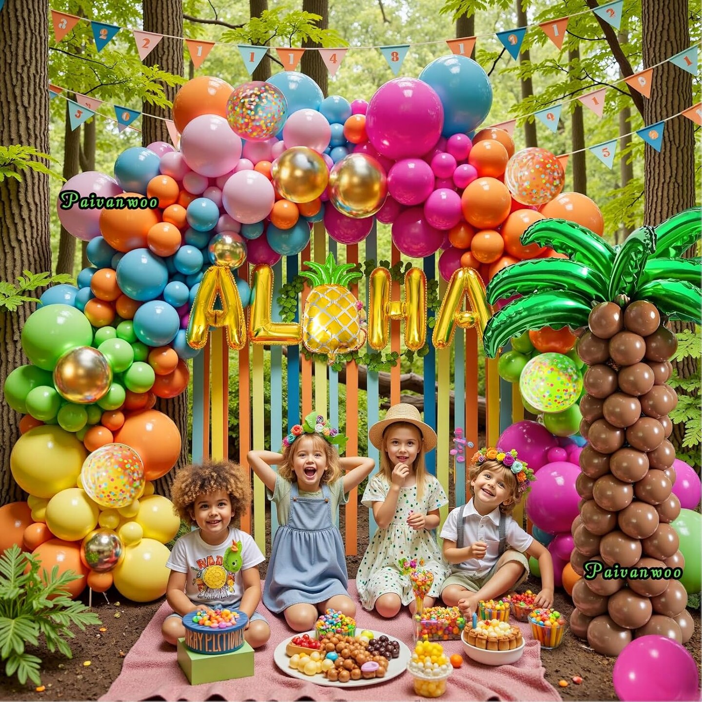 170 Pcs Hawaiian Tropical Balloon Arch Kit with Aloha Green Palm Tree