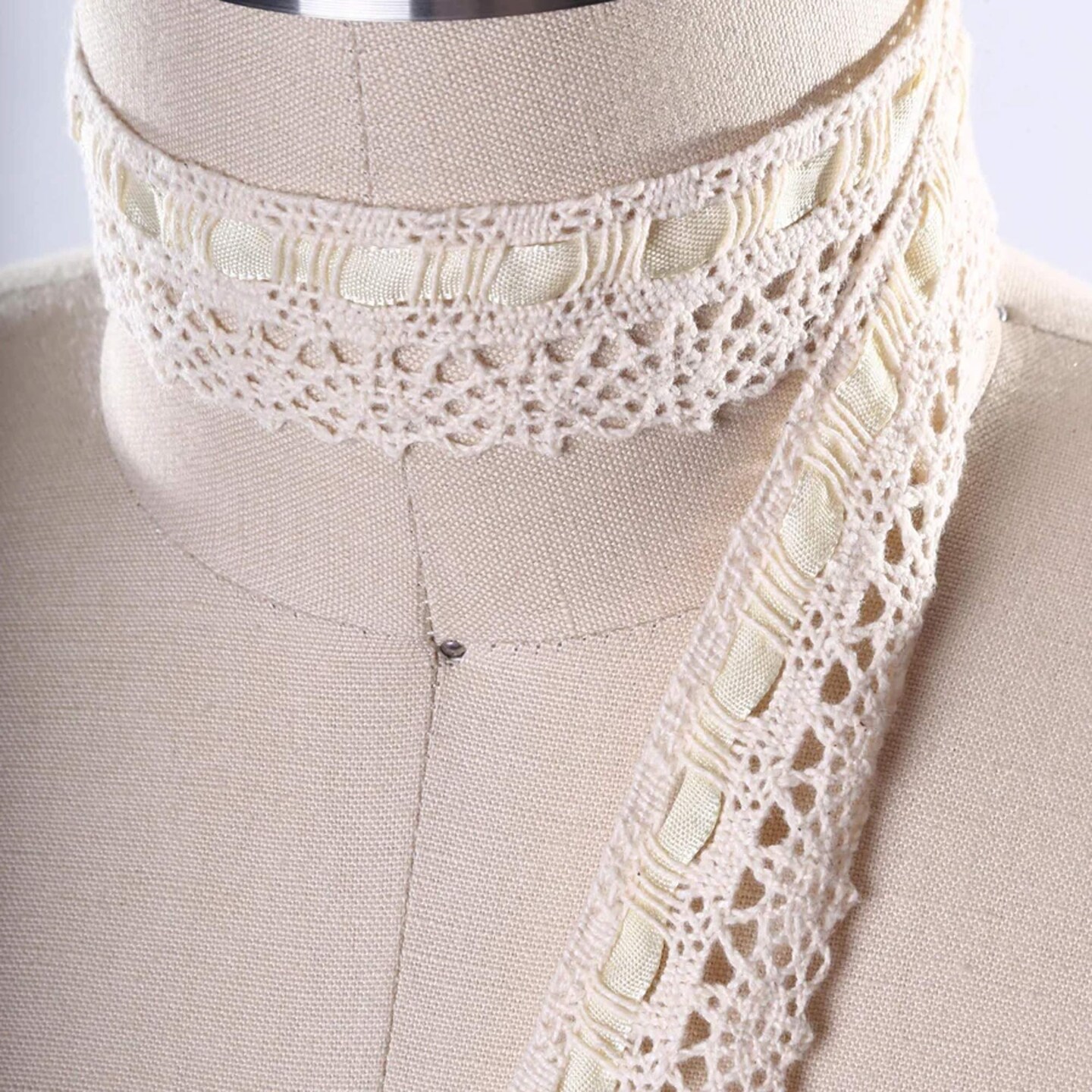 1 Yard Beige 1.25" Cotton Cluny Lace Trim with Eyelets & Removable Ribbon Crochet Style