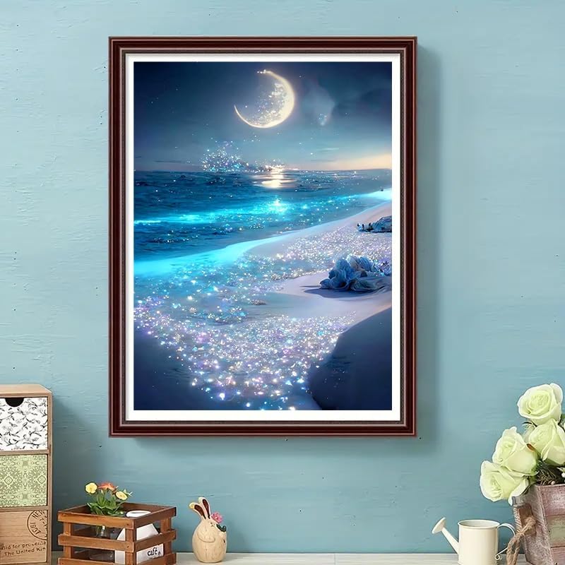 Beach Diamond Art Painting by Number Kits,Seaside Night 5D Diamond DIY Painting for Adult