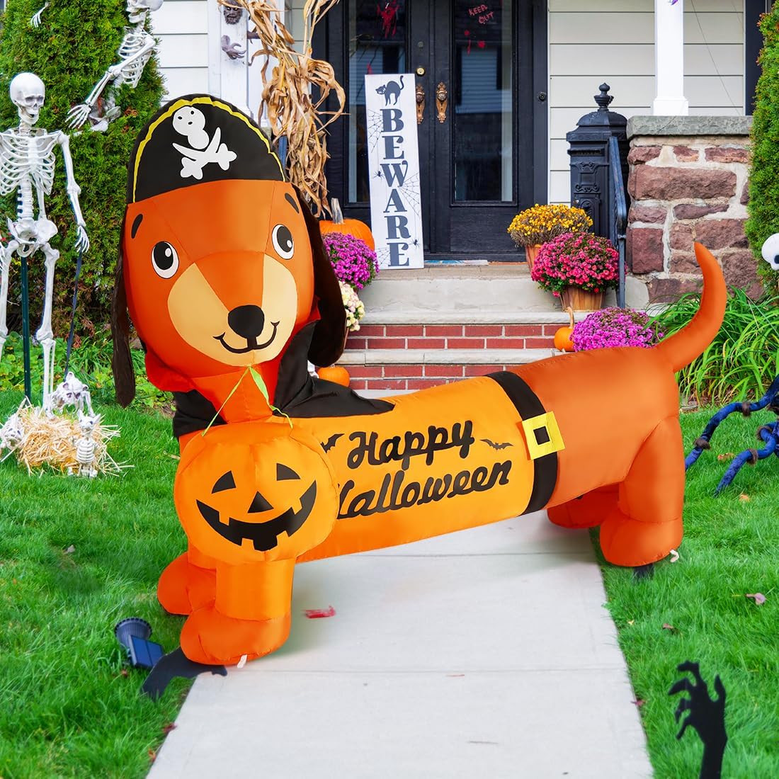 GOOSH 5 FT Halloween Inflatable Outdoor Dog with a Pumpkin &#x26; Pirate Hat