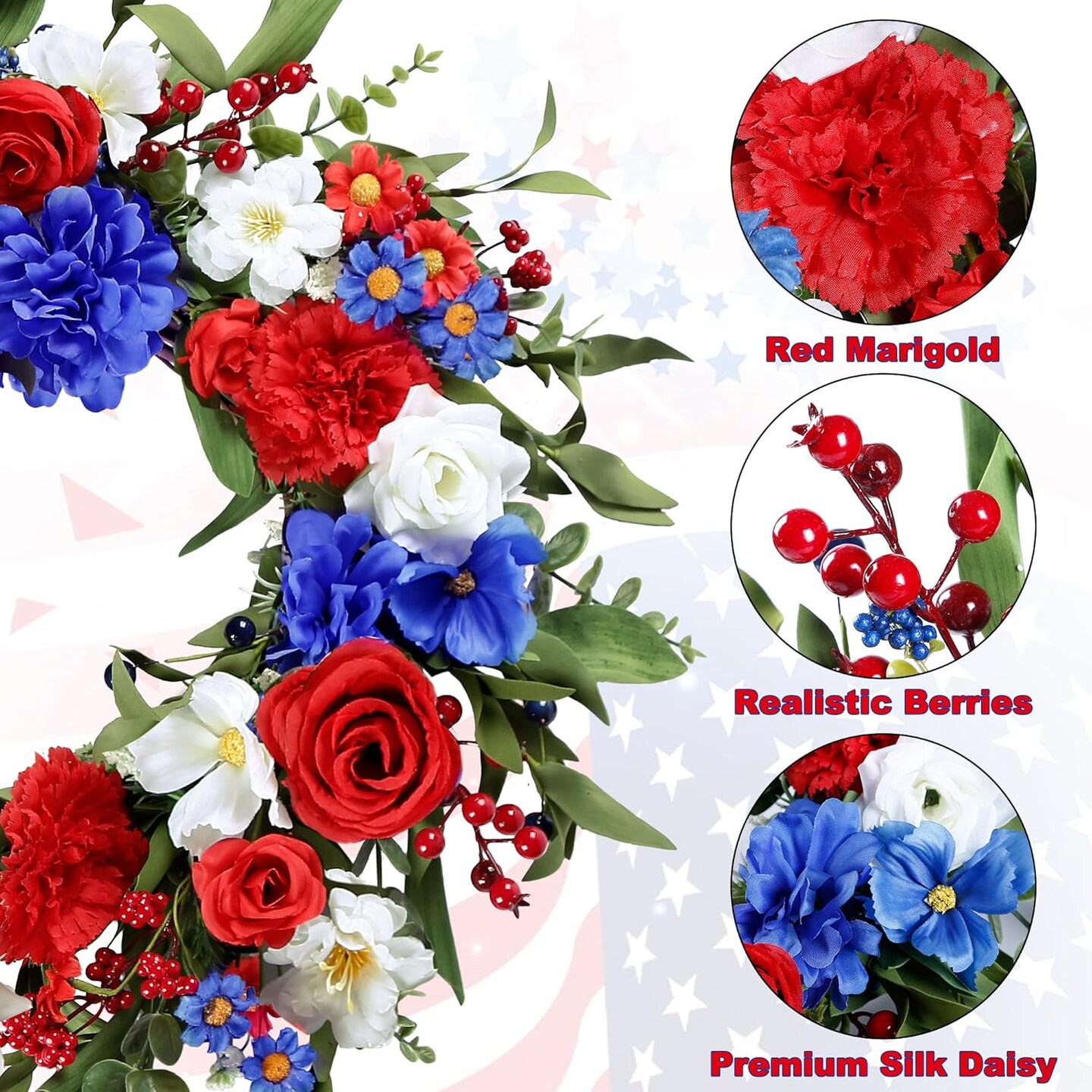 20-Inch 4th of July Wreath – Patriotic Red, White & Blue Flower Door Decoration for Independence Day, Memorial Day & Veterans Day