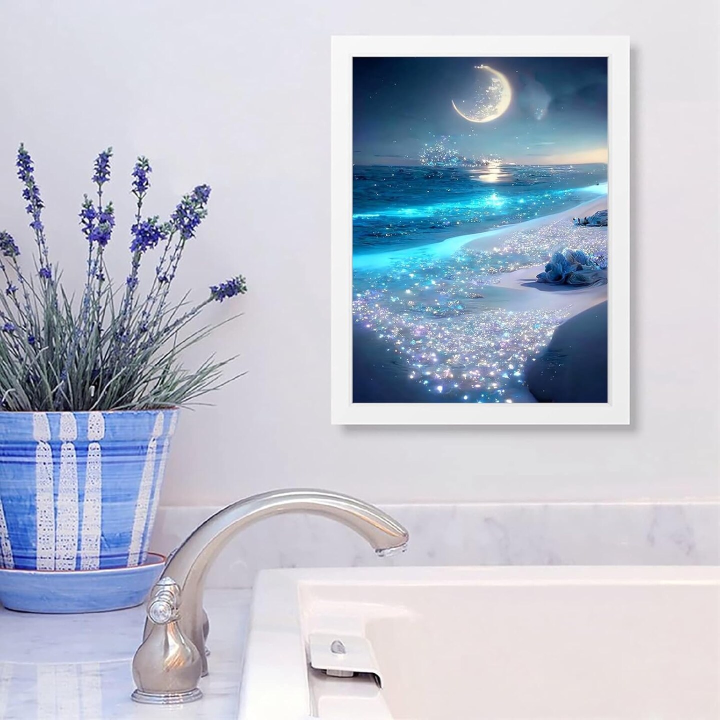 Beach Diamond Art Painting by Number Kits,Seaside Night 5D Diamond DIY Painting for Adult