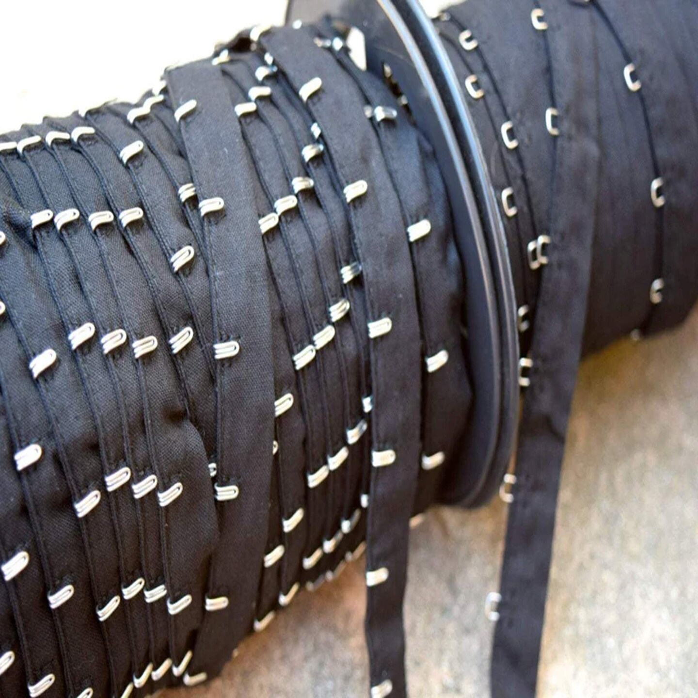 1 Yard Black Hook and Eye Tape Set 1/2&#x27;&#x27; Spacing on Each Side, Silver Hardware on Cotton Trim