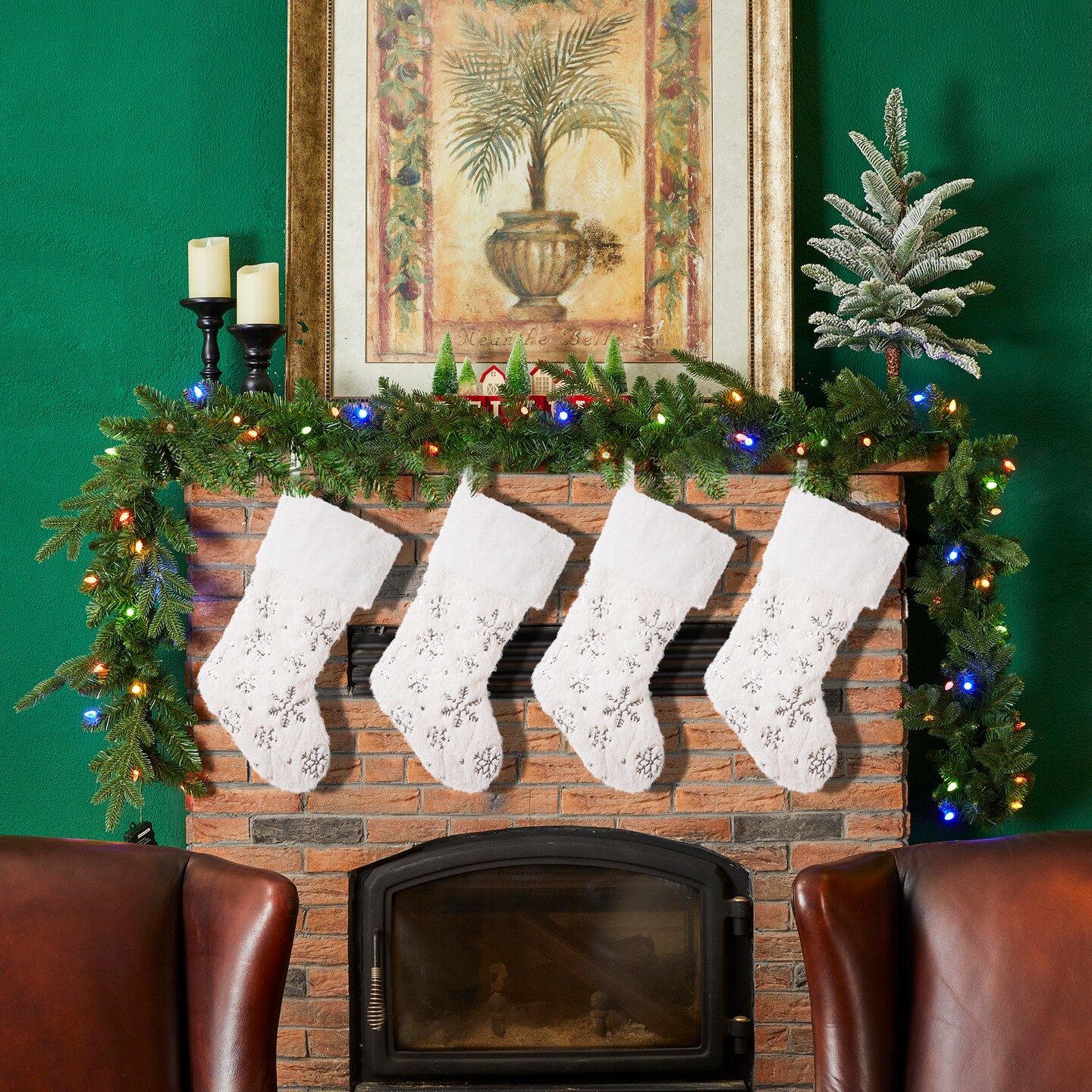 4pk 21&#x22;L White Plush with Snowflake Christmas Stockings