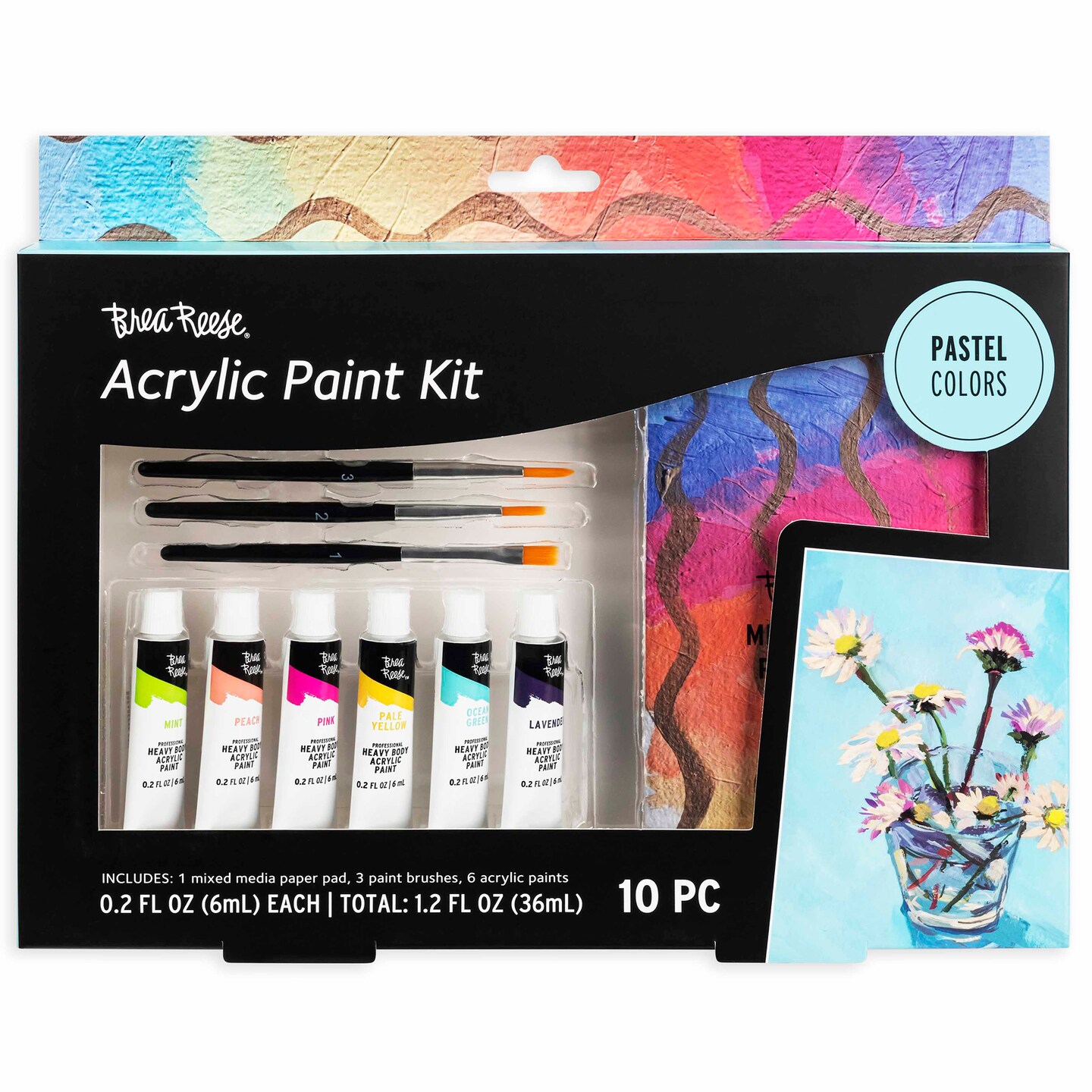 Brea Reese: Acrylic Paint Kit - Pastel Colors - 10pc Art Set, 3 Brushes, 6 Paint Tubes, Paper Pad, Rich Pigment-Heavy Body, Adult Craft Supplies Kit