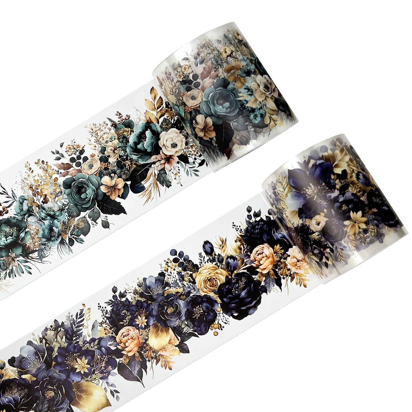 Wrapables Classic Floral PET Washi Tape for Scrapbooking, Stationery, Journaling, Diary, Card Making (Set of 2), Green and Blue