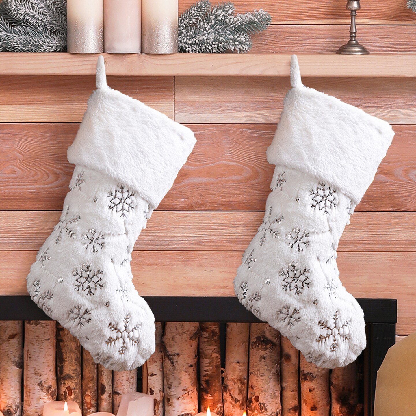 4pk 21&#x22;L White Plush with Snowflake Christmas Stockings