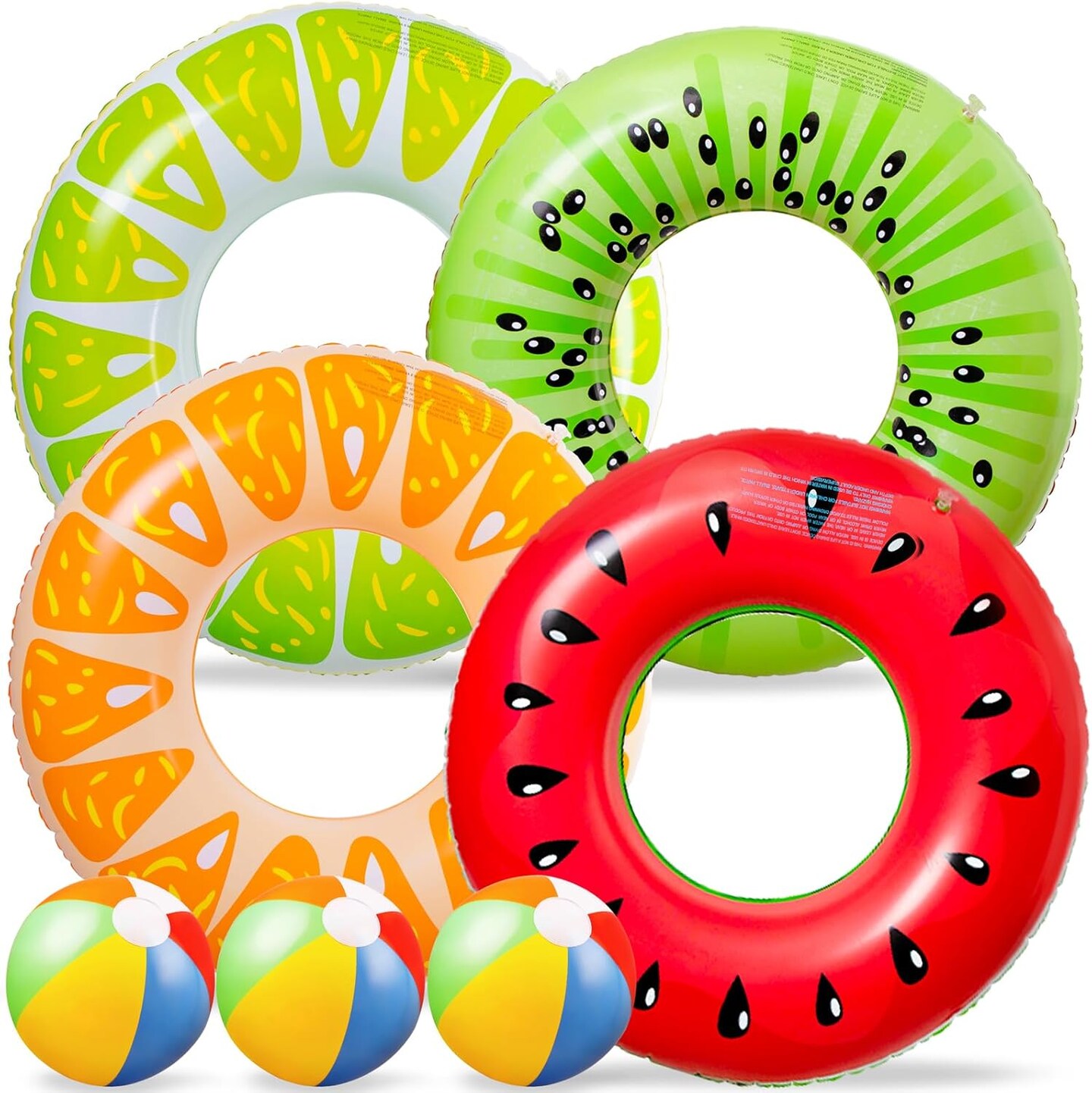 7PCS Fruit Pool Floats: Watermelon Kiwi Orange Lemon Swimming Rings