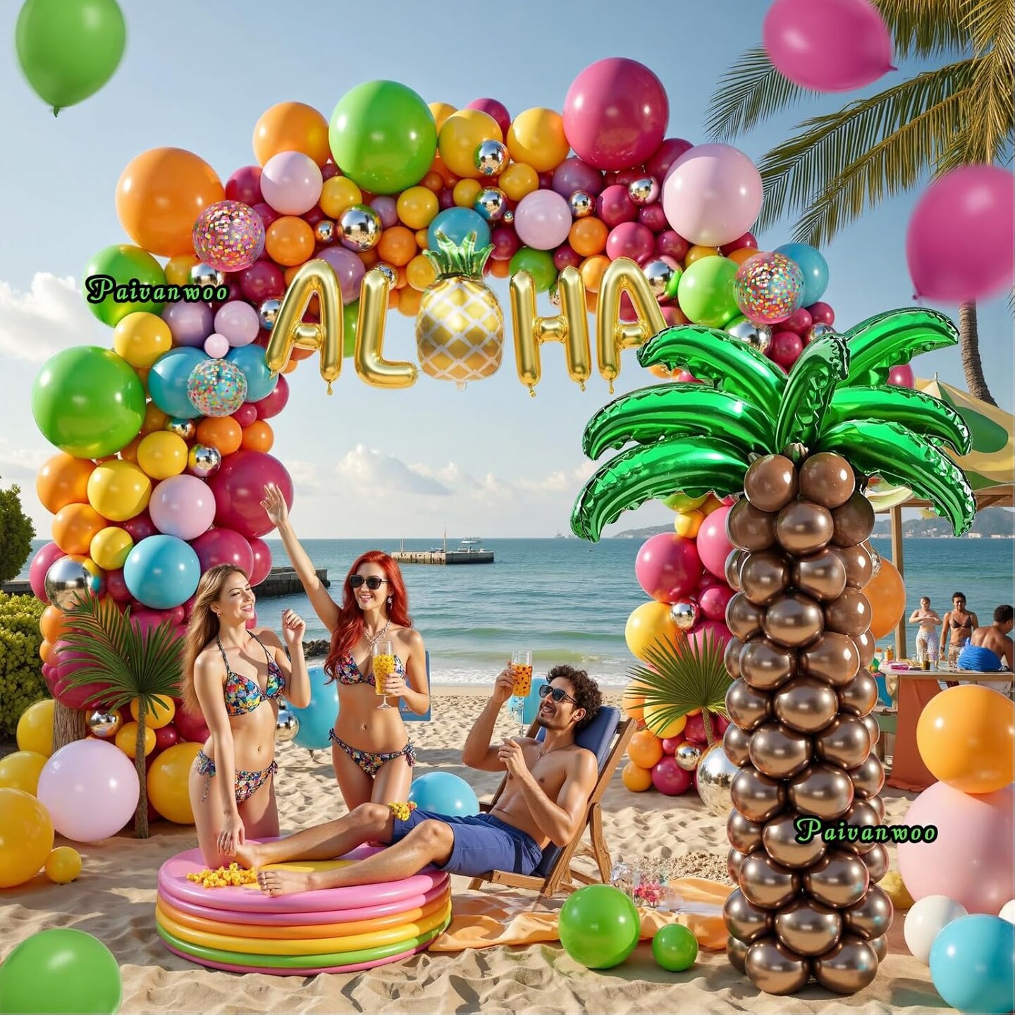 170 Pcs Hawaiian Tropical Balloon Arch Kit with Aloha Green Palm Tree