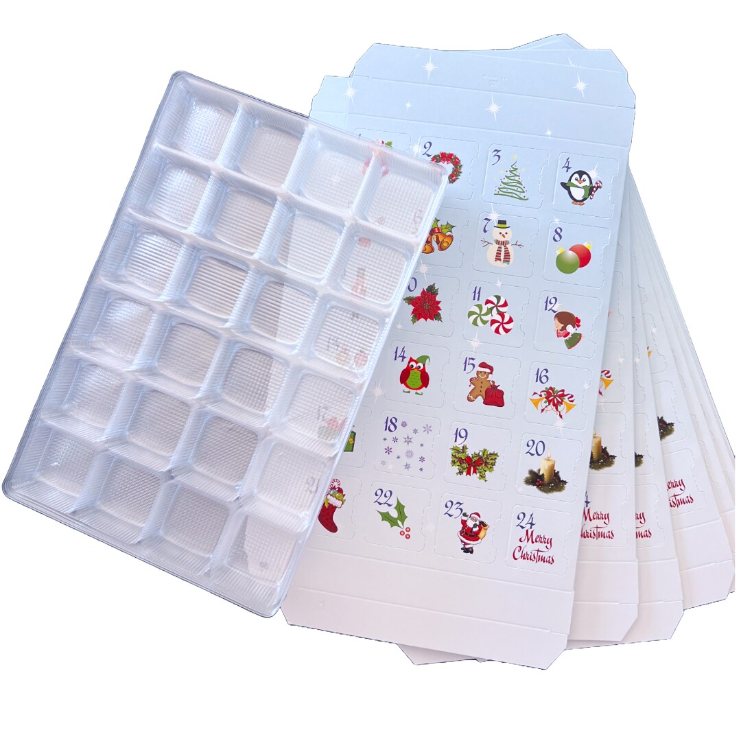 Made in USA - 10 Sets - Fillable (empty) Advent Calendar Candy Boxes and Trays - Blue - 10 Boxes and 10 Clear Trays - Food Safe