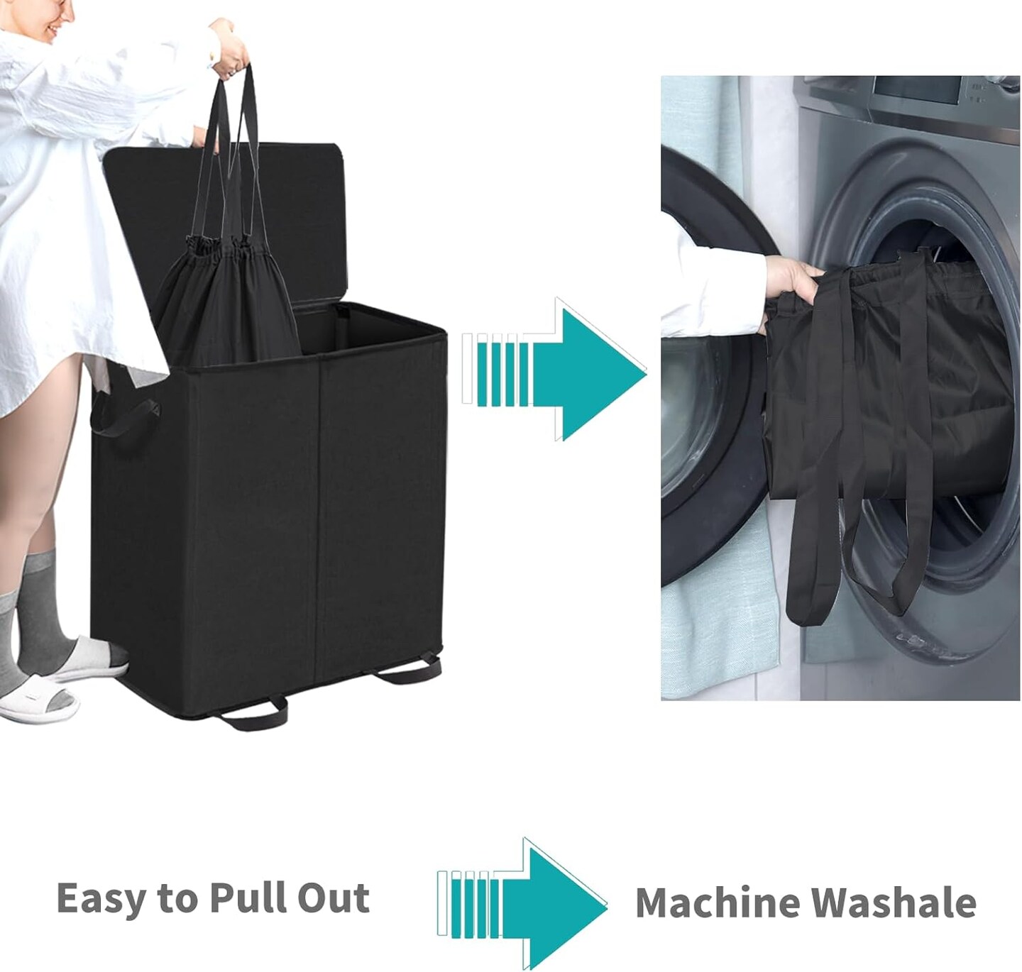Double Laundry Hamper with Lid and Removable Bags, Laundry Basket 2 Section, Double Hampers for Laundry, Large Divided Hamper, Dual Laundry Hamper 2 Section with Handles Dorm 158L Black