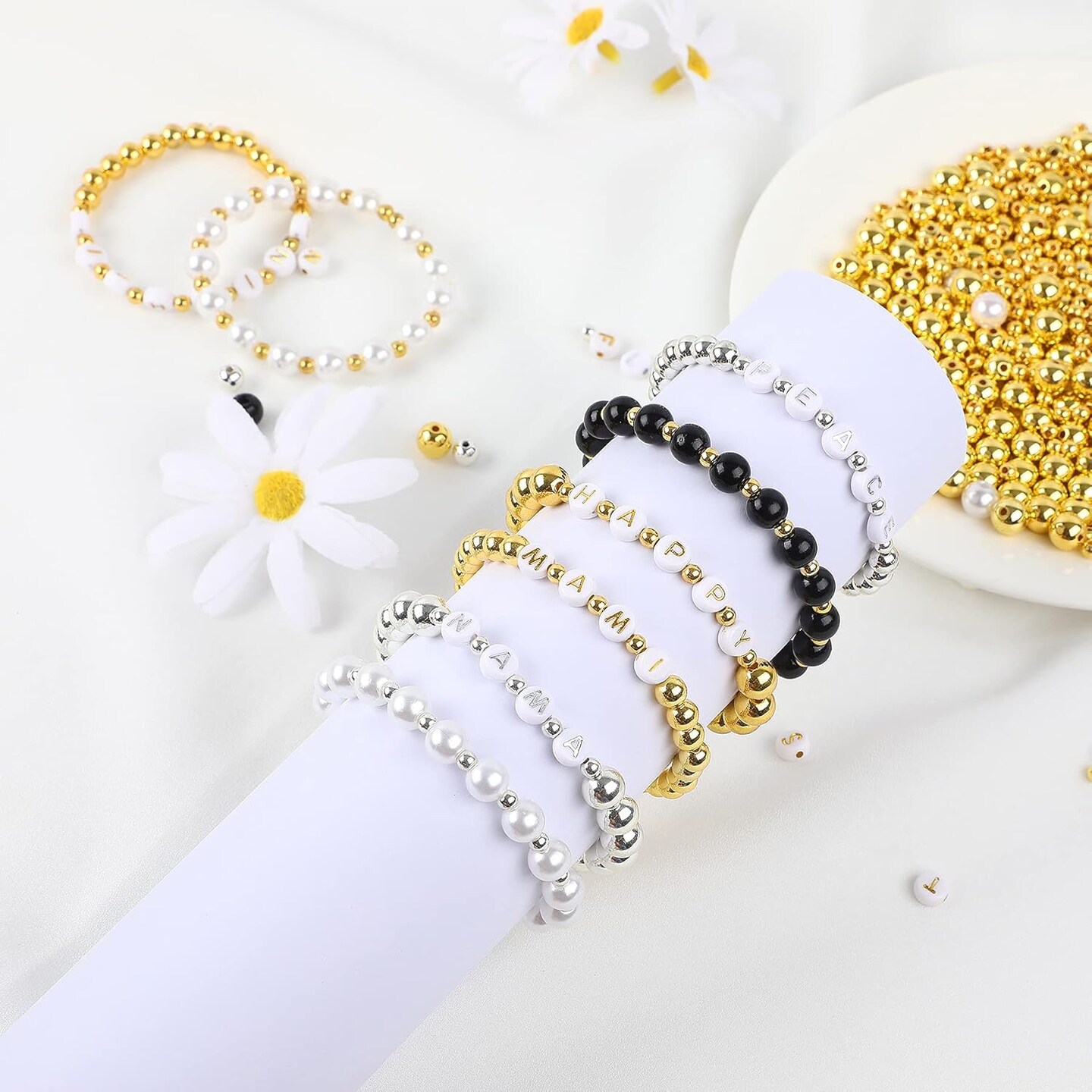 1800Pcs Jewelry Beads Making Set, Silver & Gold Round Spacer Beads 3 Sizes Smooth Alphabet Pearls Beads and 2 Rolls Elastic String for DIY Craft Supplies