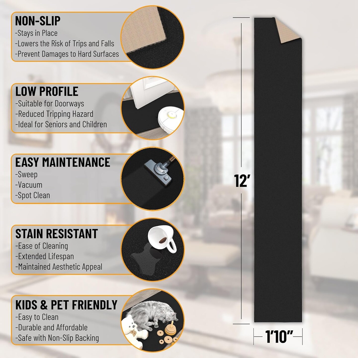 Machine Washable Modern Solid Design Non-Slip Rubberback 2x12 Traditional Runner Rug for Hallway, Kitchen, Bedroom, Living Room, 1&#x27;10&#x22; x 12&#x27;, Black
