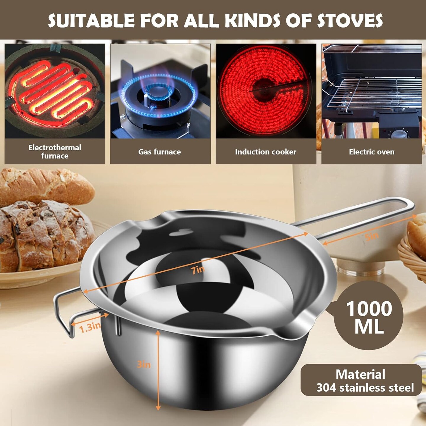 5-Piece Double Boiler Set – Stainless Steel Chocolate Melting Pots, Spatula, Spoons & Dipping Tool for Candy & Soap