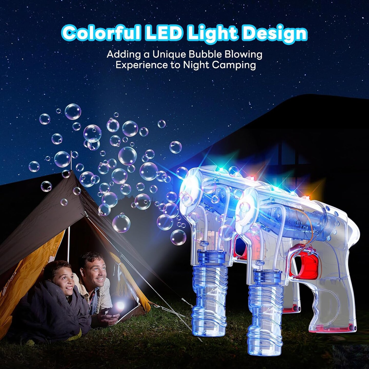 2 Pack Bubble Gun with 4 Refill Solution and 3 Colorful LED Light, Bubble Machine for Kids, Bubble Maker for Party Favors, Birthday Gift, Indoor Outdoor Toys